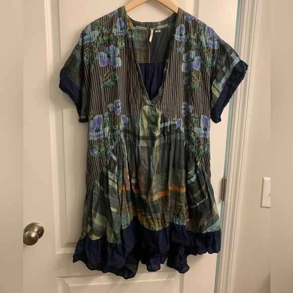Free People Floral Plaid Printed Agnes V-Neck Swing Mini Dress Navy Blue Green - Picture 4 of 10